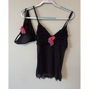 Vintage Y2K Black Pink Polka Dot Cami Set Panties Ruffles Bow Joe Boxer NWT Med